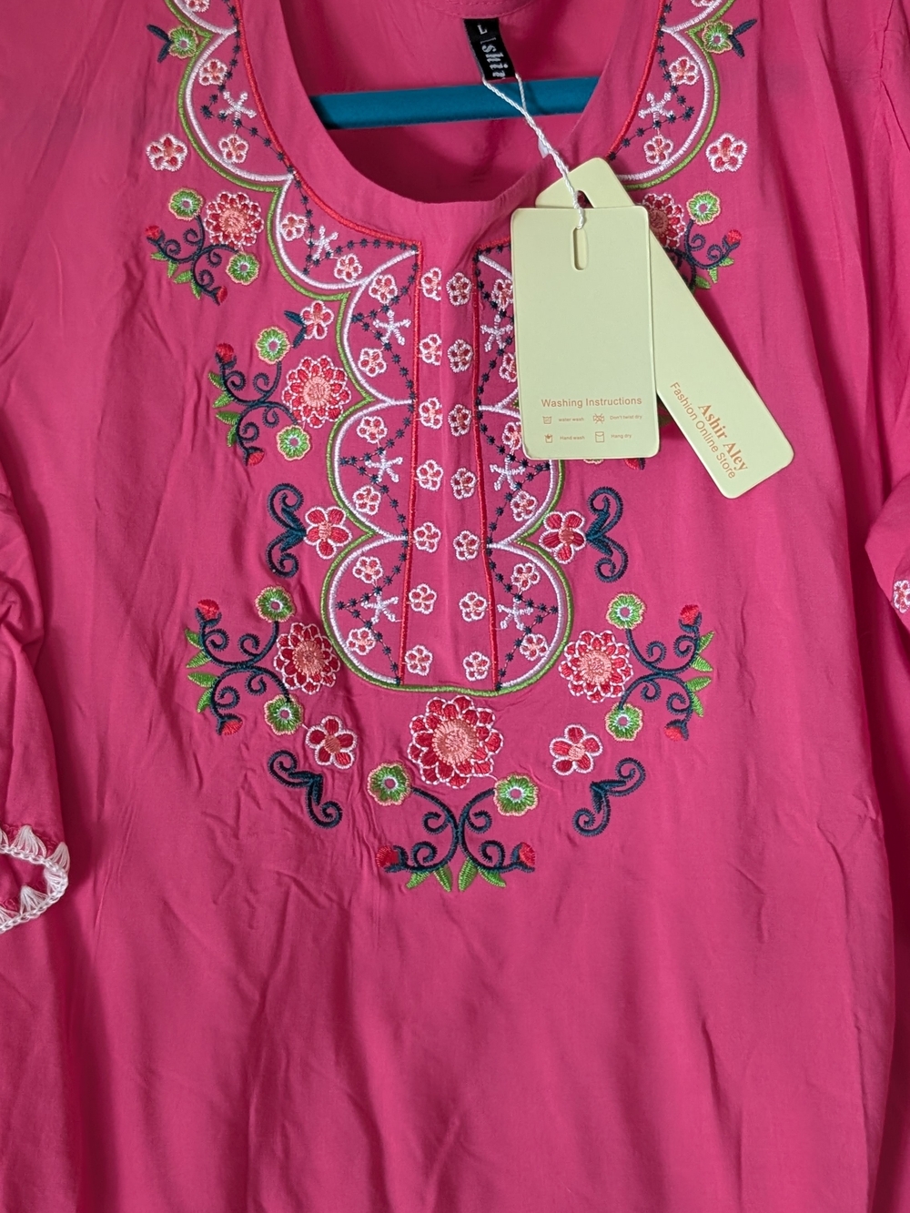 Boho Pink Floral Embroidered Tunic Cotton NWT Sz. L